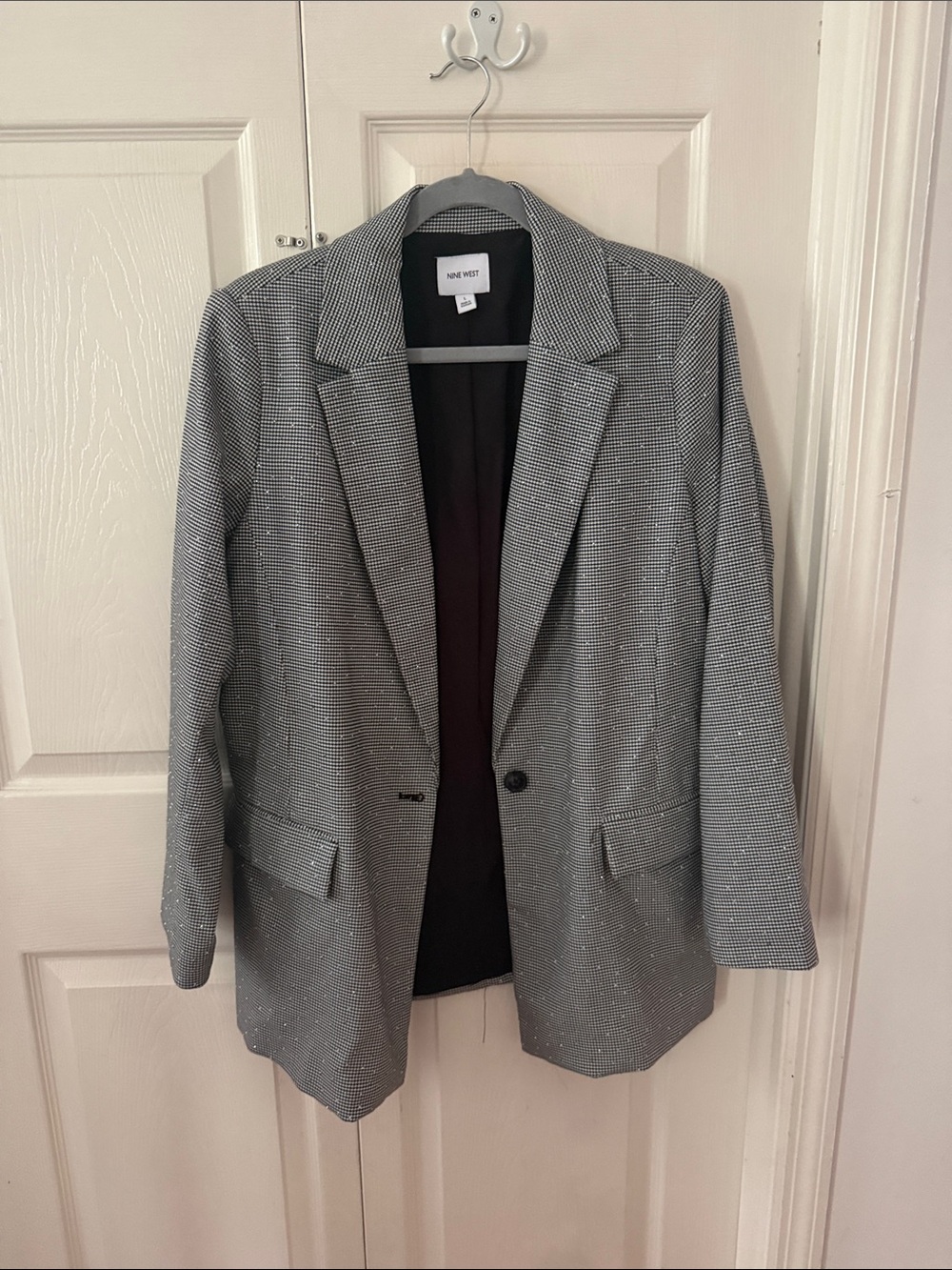 Nine West Black & White Checked Single-Button Blazer with rhinestone
